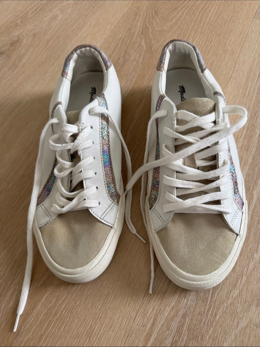 Madewell White Sneakers with Beige Suede and Iridescent Trim